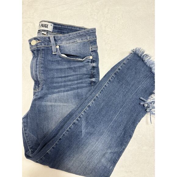 PAIGE HOXTON ANKLE FRAYED HEM WOMEN’S JEANS Sz 30x24 Destructed Mid Rise Stretch - Picture 7 of 10